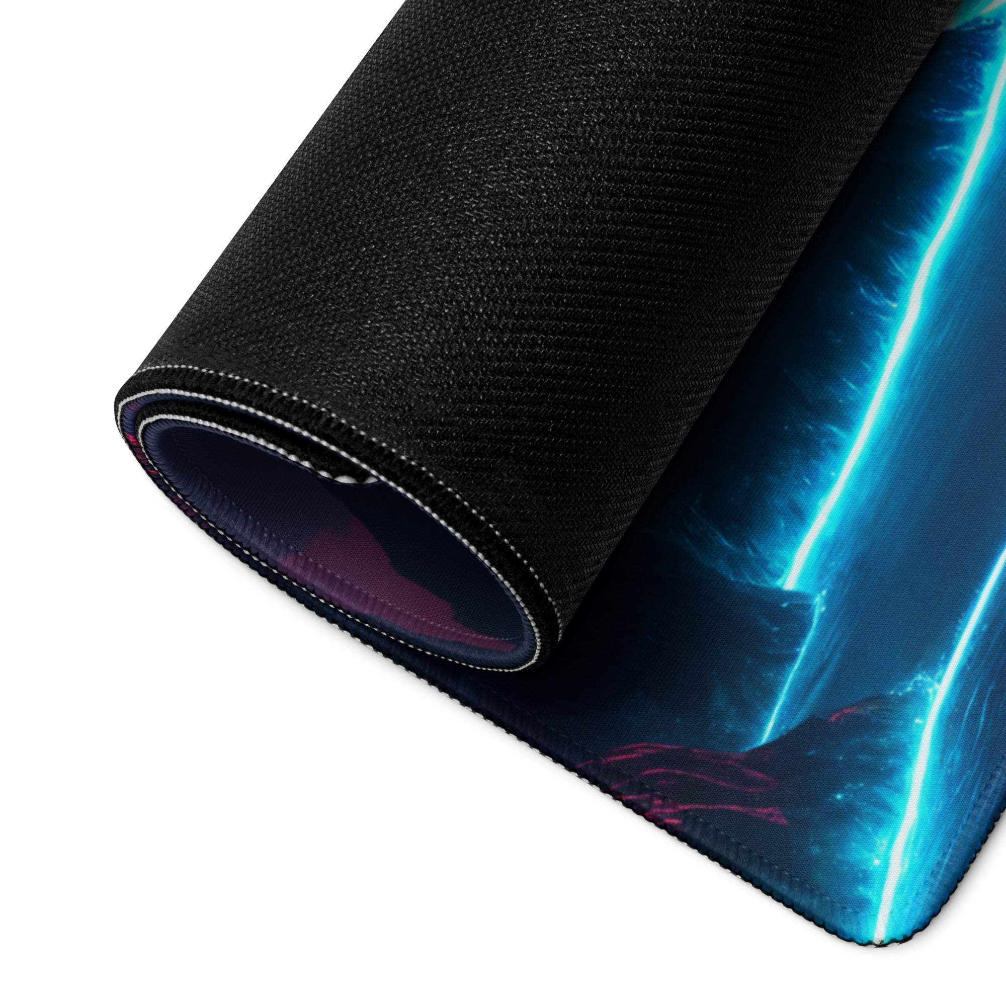 Black Neon Sci-Fi cosmic mouse pad with blue purple glow, large non-slip stitched
