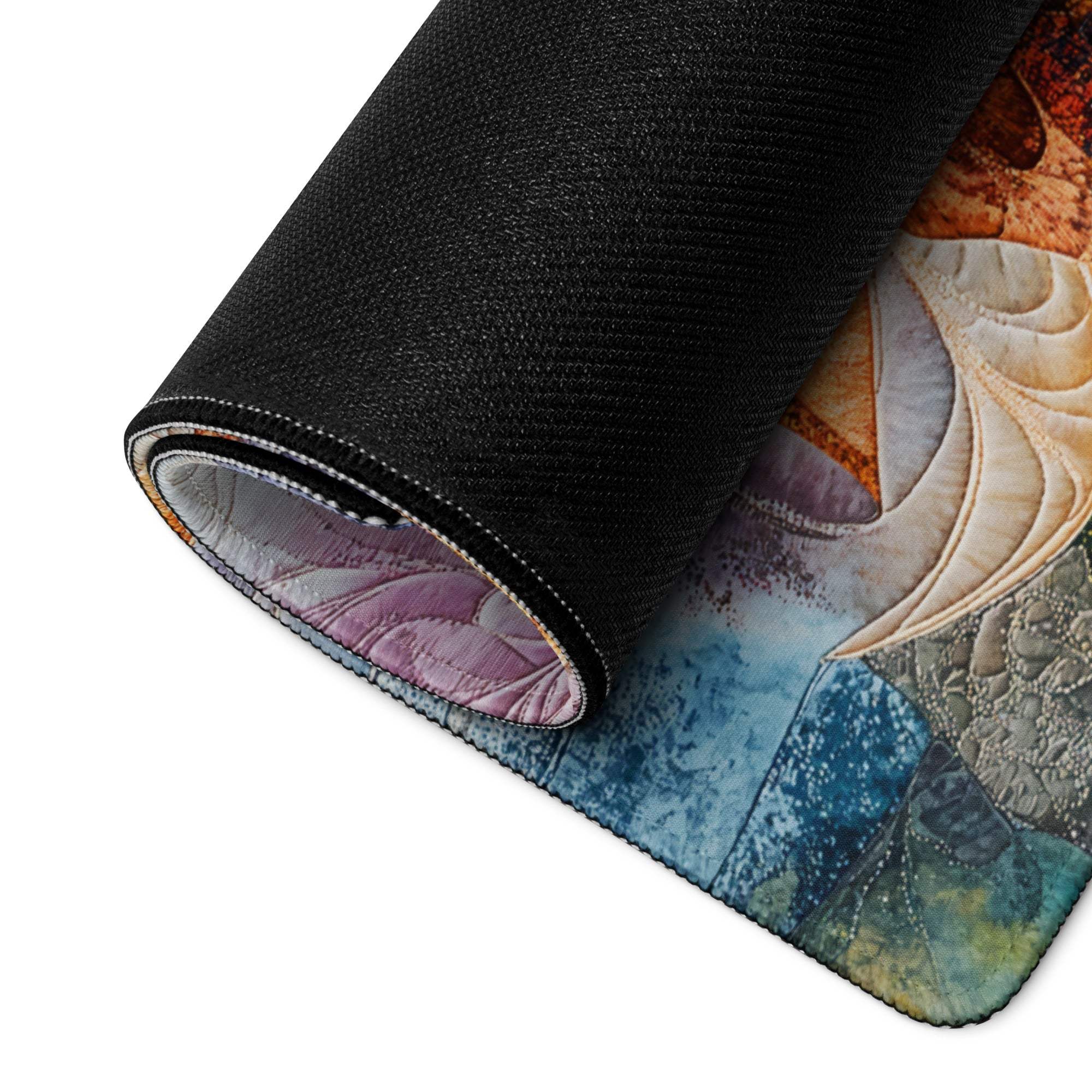 Quilted patchwork abstract face sunflower gaming mousepad rolled up