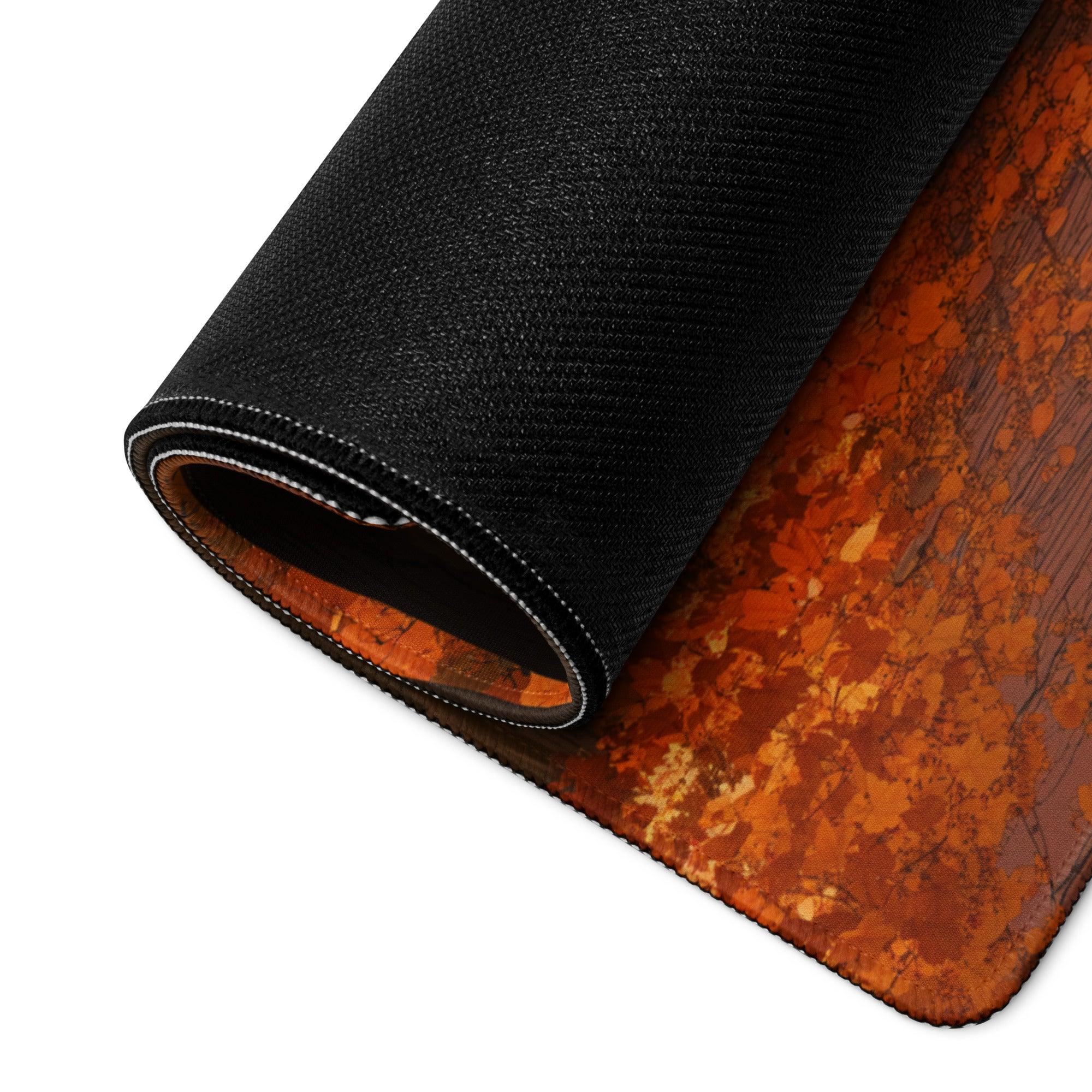 Black rolled gaming mousepad with Impressionist Autumn Forest orange leaf edge