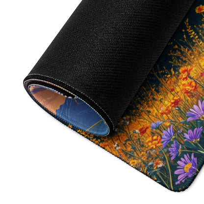 Rolled-up vibrant sunset floral gaming mouse pad with non-slip base