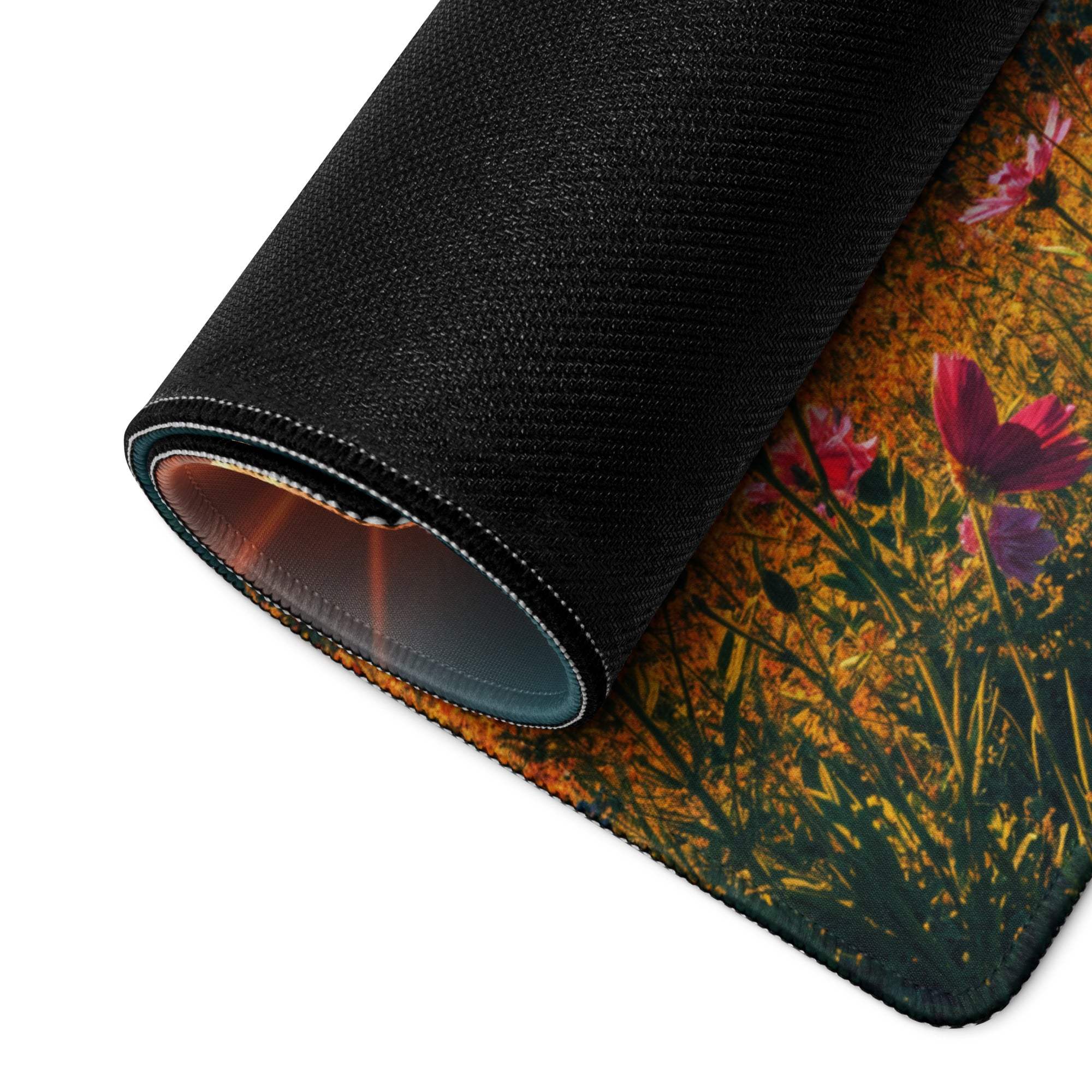Rolled-up Vibrant Sunrise Mountain floral gaming mouse pad, large non-slip