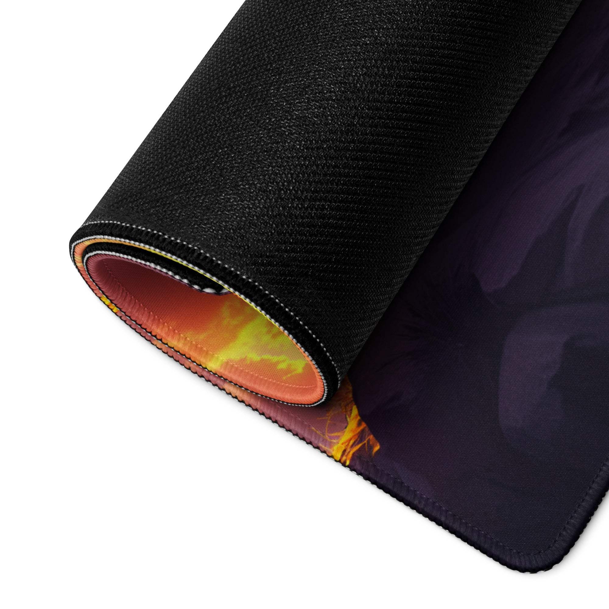 Back of Epic Fantasy Warrior On Sunset Mountain gaming mouse pad with fiery orange yellow non-slip textured grip