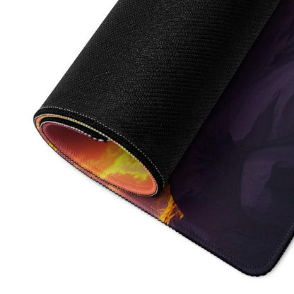 Back of Epic Fantasy Warrior On Sunset Mountain gaming mouse pad with fiery orange yellow non-slip textured grip