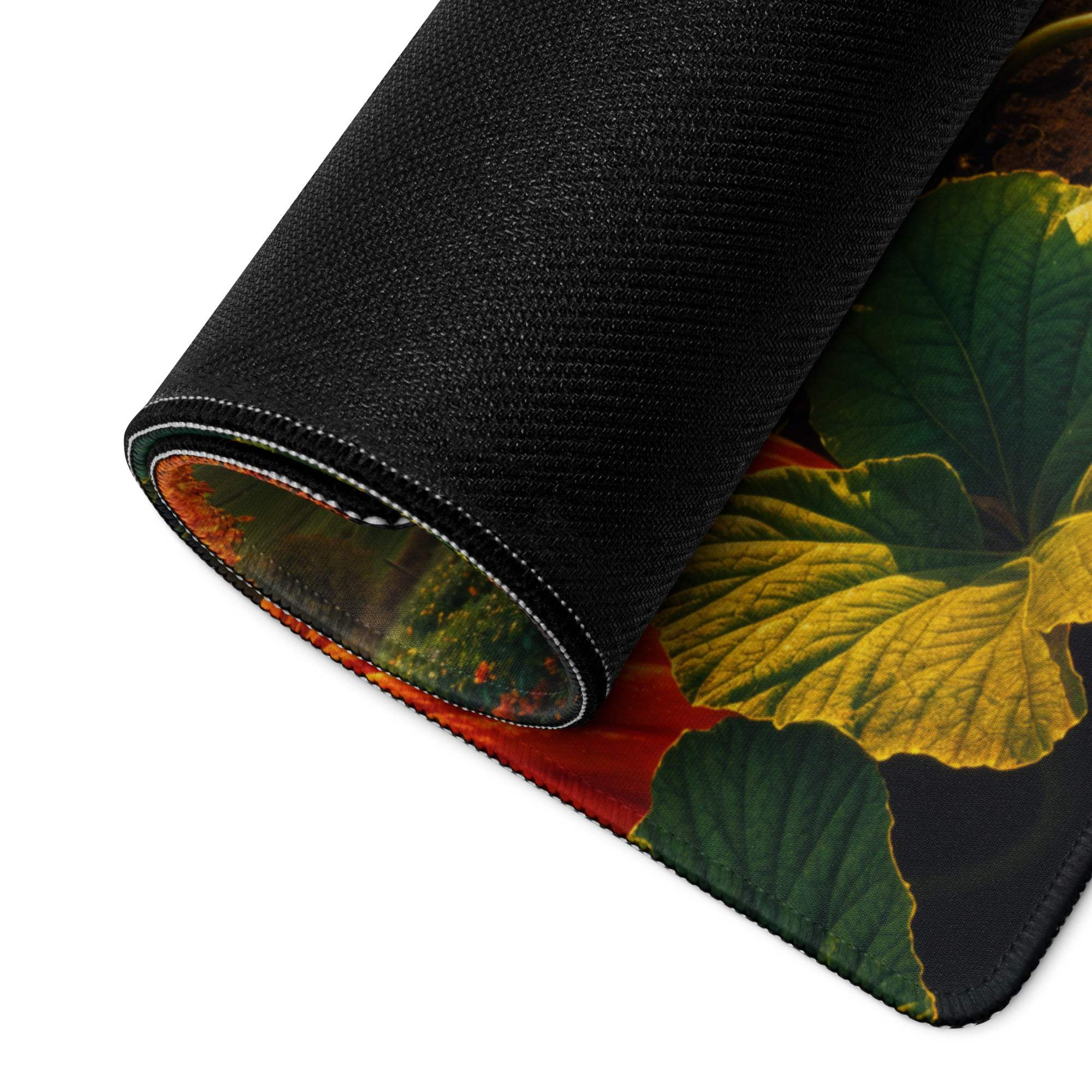 Black Autumn Pumpkin Patch gaming mouse pad with vibrant leaves print