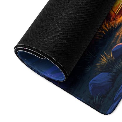 Black textured gaming mousepad with epic night camping scene, rolled to show blue lining