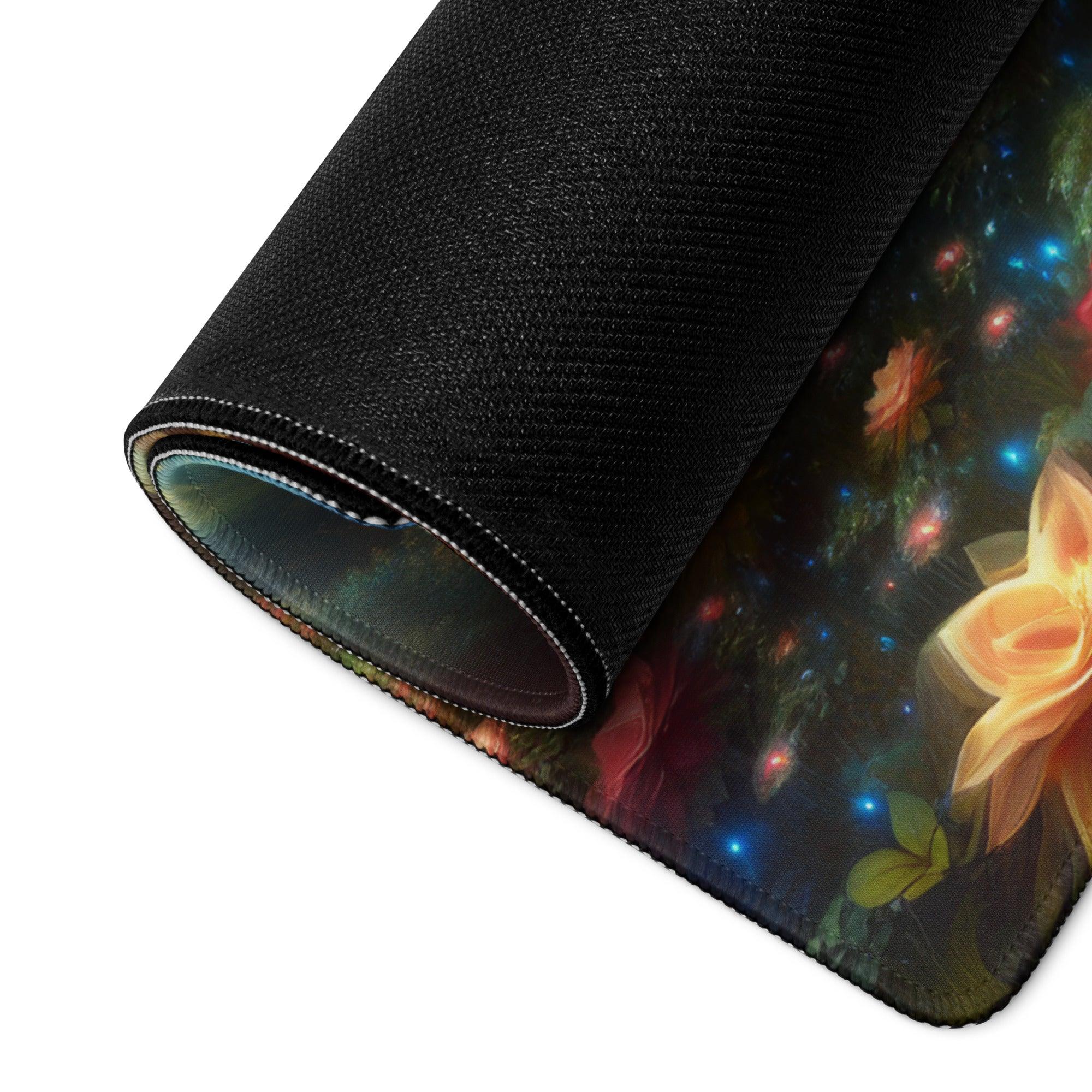 Rolled-up Vibrant Dreamy Fantasy Floral Gaming Mouse Pad with Glow Accents