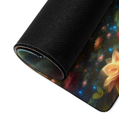 Rolled-up Vibrant Dreamy Fantasy Floral Gaming Mouse Pad with Glow Accents