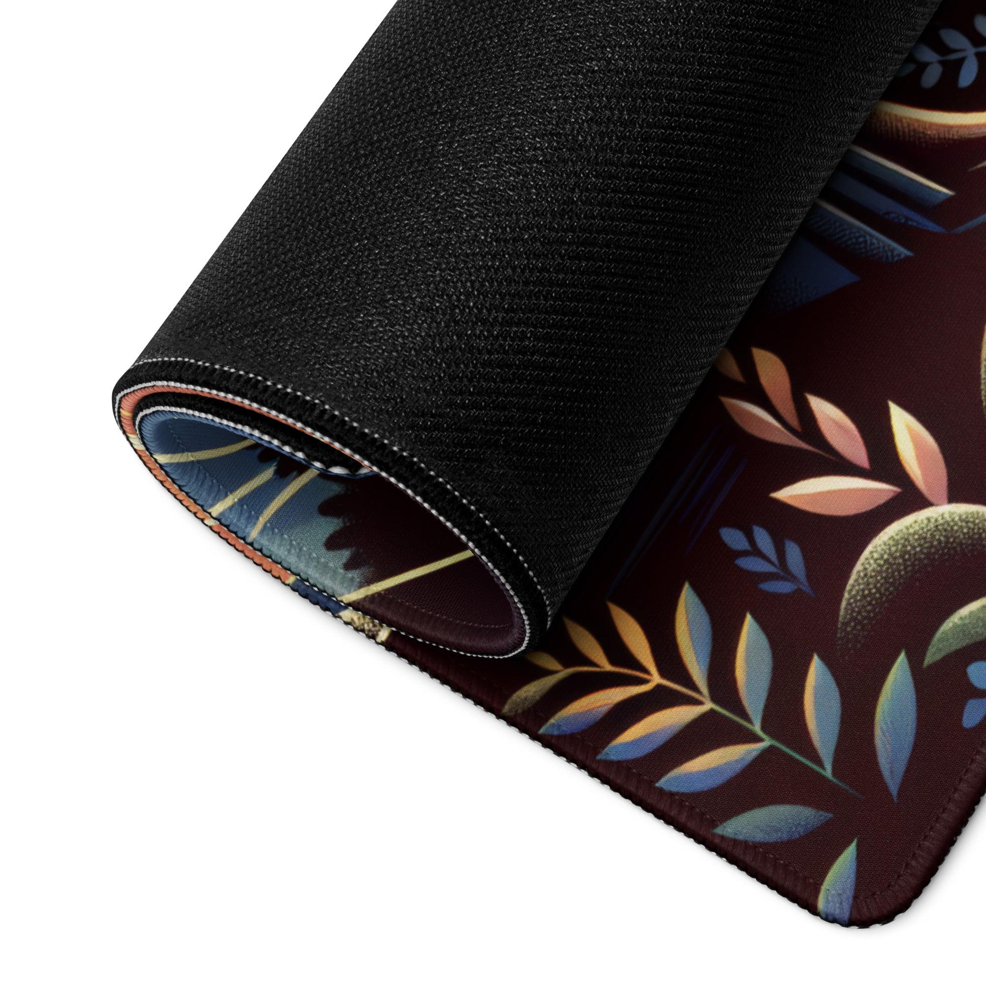 Rolled-up Whimsical Sunset Guitarist mousepad with maroon leaf design
