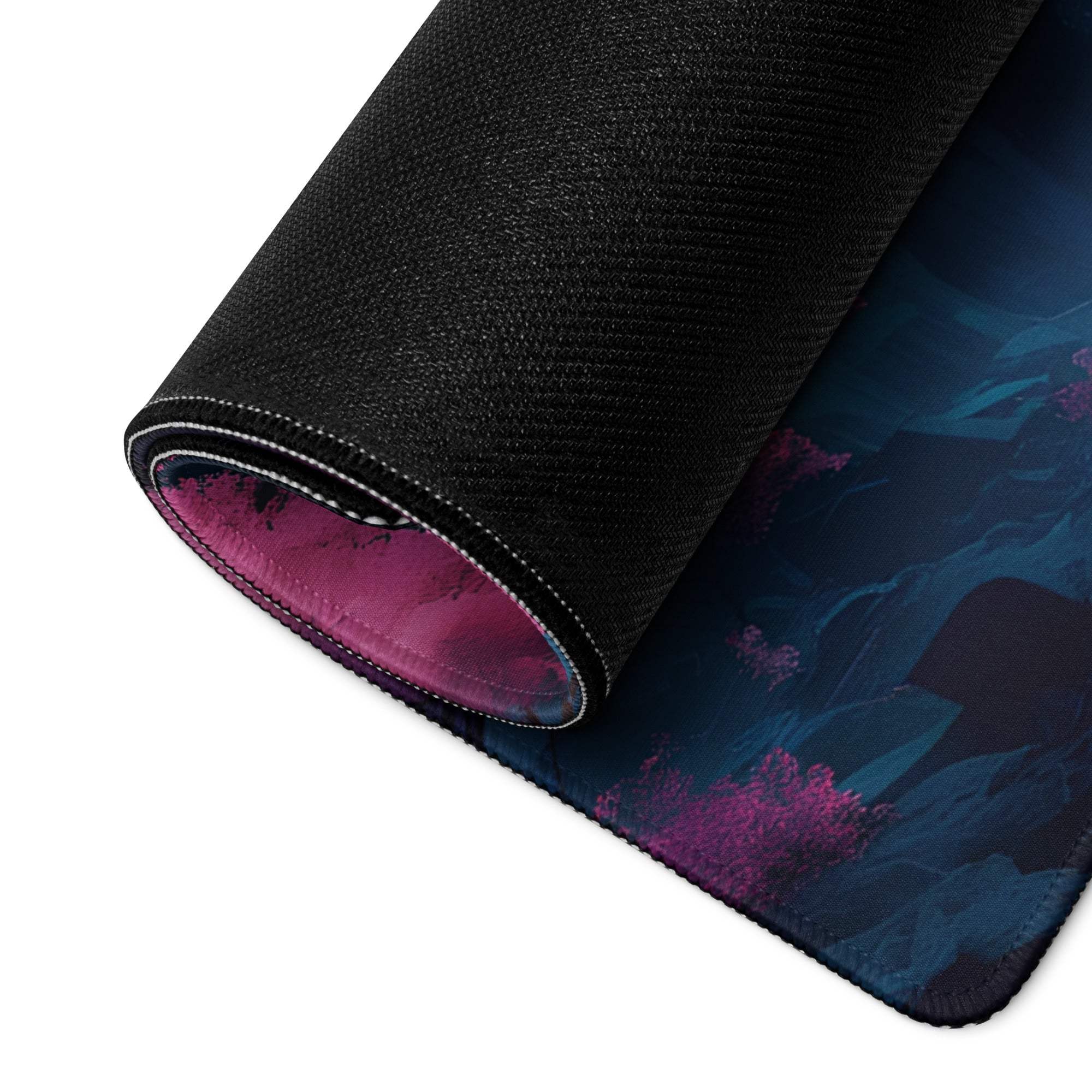 Black textured gaming mousepad with purple teal moonlit mountain design
