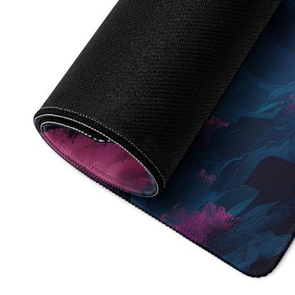 Black textured gaming mousepad with purple teal moonlit mountain design