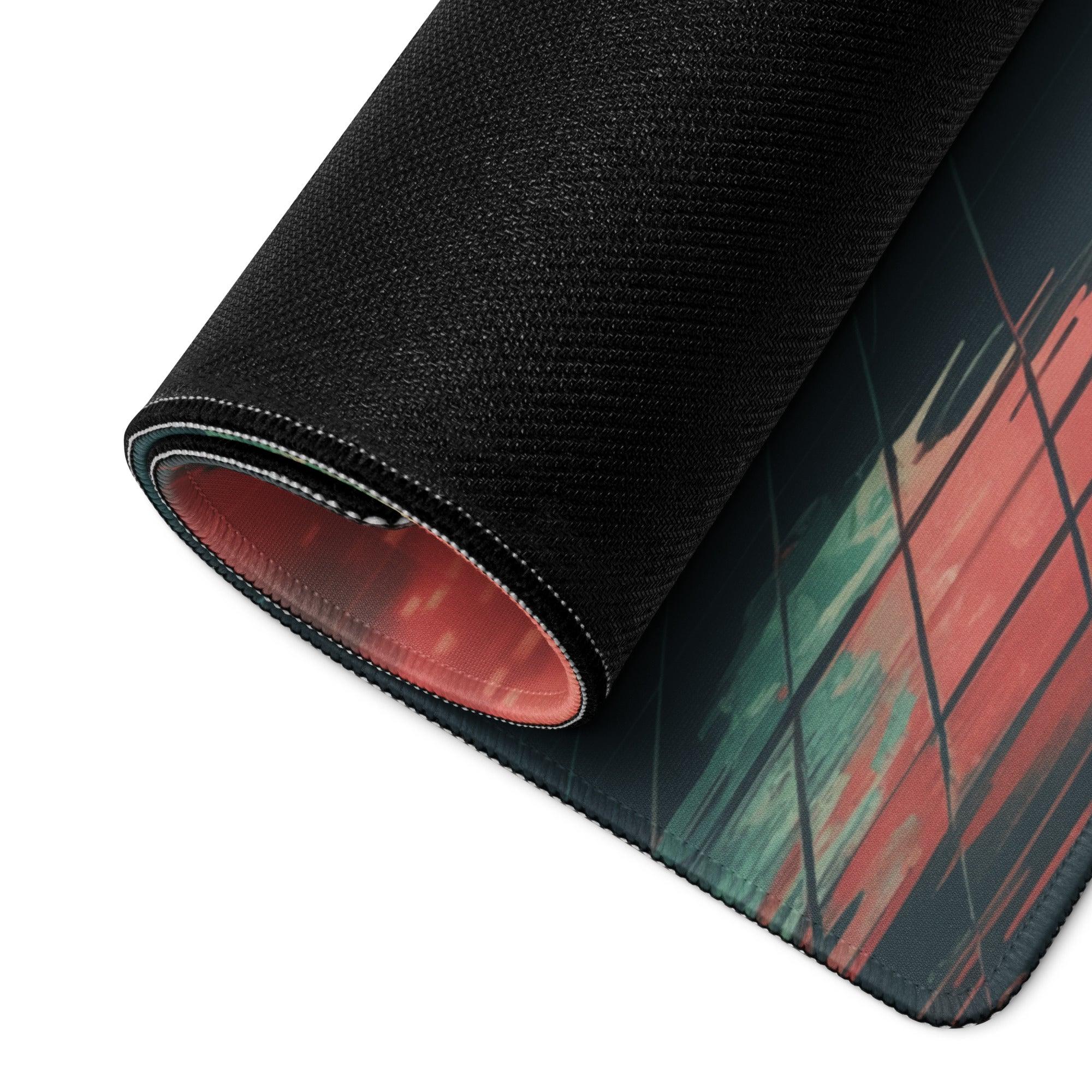 Black Cyberpunk Mount Fuji neon sunset gaming mouse pad with red teal abstract design