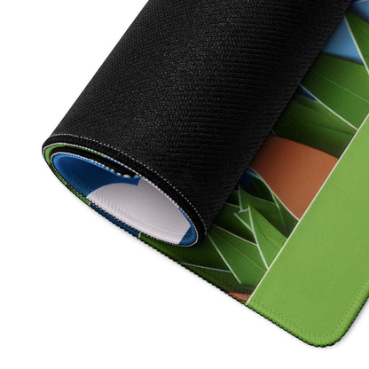 Rolled-up Papercraft Nature And Fire Duel gaming mouse pad, vibrant green blue tropical design