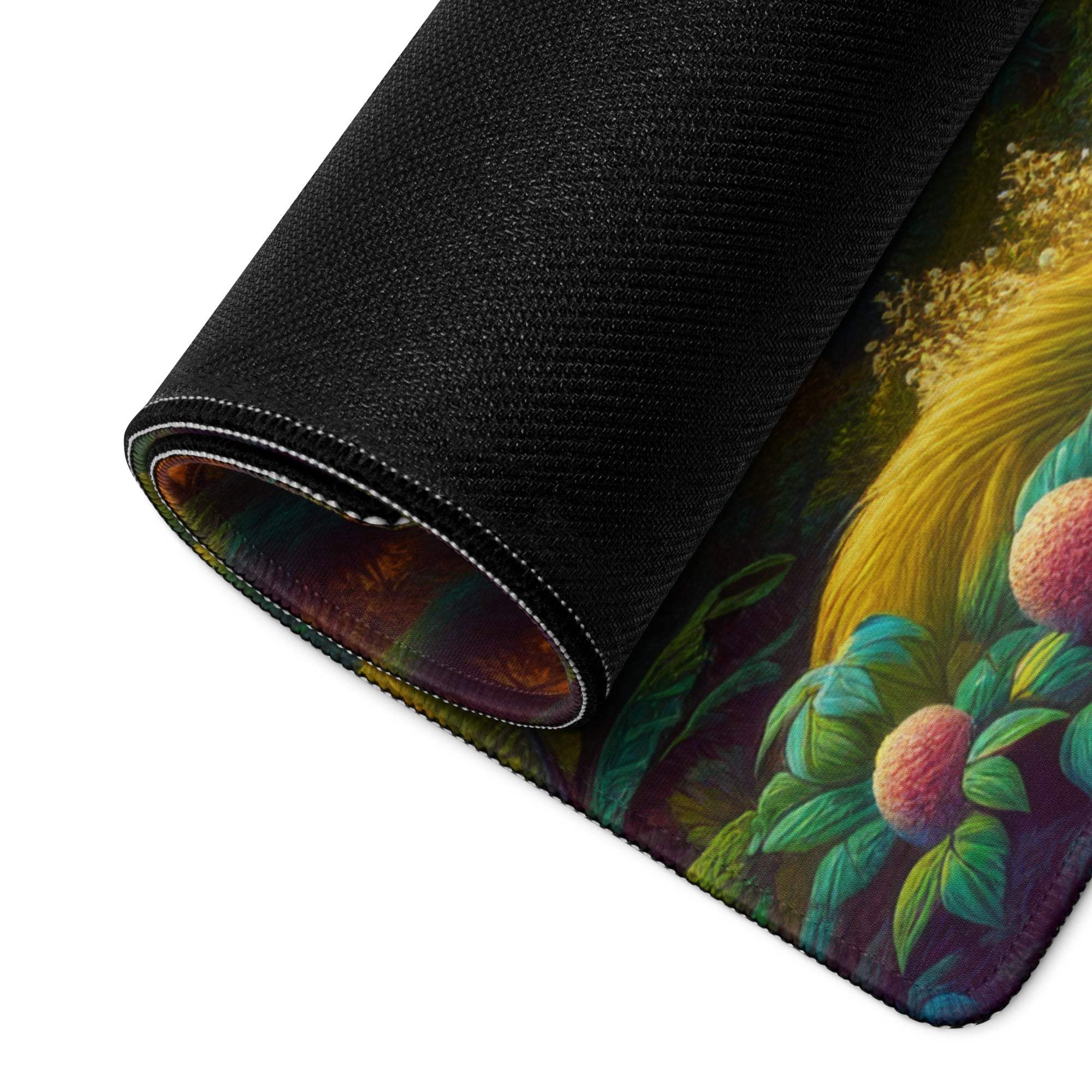 Rolled-up Epic Forest Landscape gaming mouse pad with vibrant peach illustration