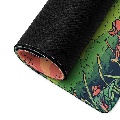 Rolled-up large gaming mouse pad with vibrant green orange floral design