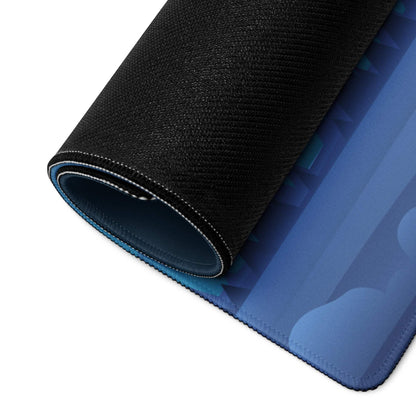 Black textured gaming mousepad with blue night mountain design and stitched edges