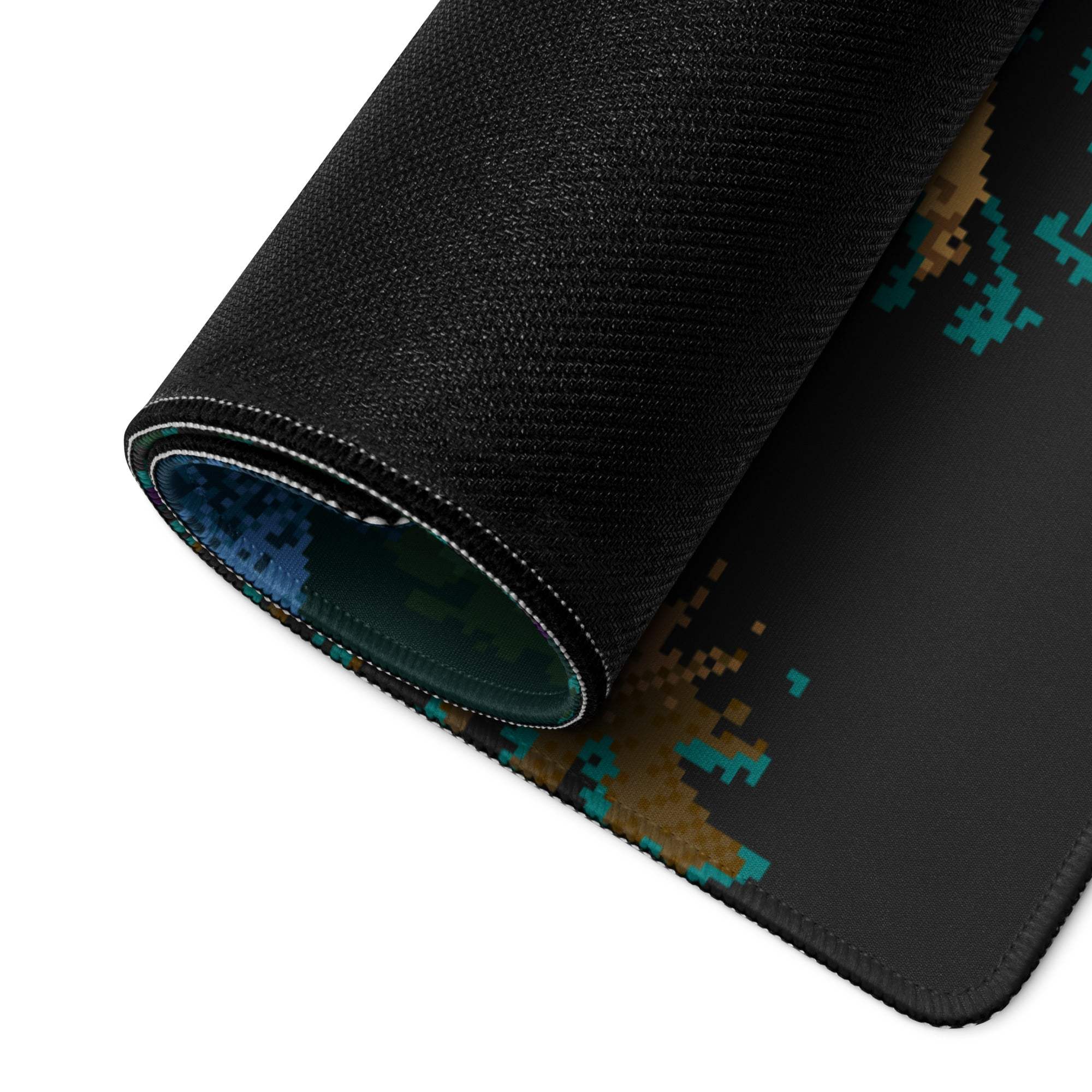 Large Night Forest Pixel Art gaming mouse pad with teal tan pixel camo, textured non-slip base, stitched edges