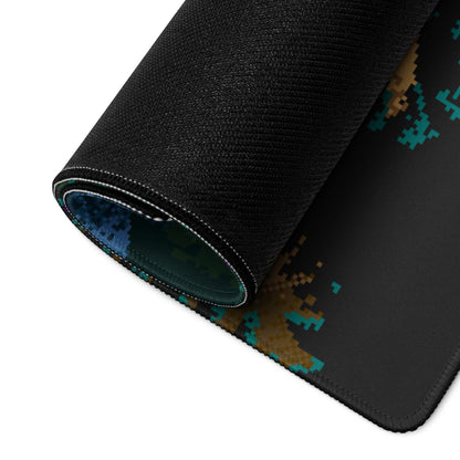 Large Night Forest Pixel Art gaming mouse pad with teal tan pixel camo, textured non-slip base, stitched edges
