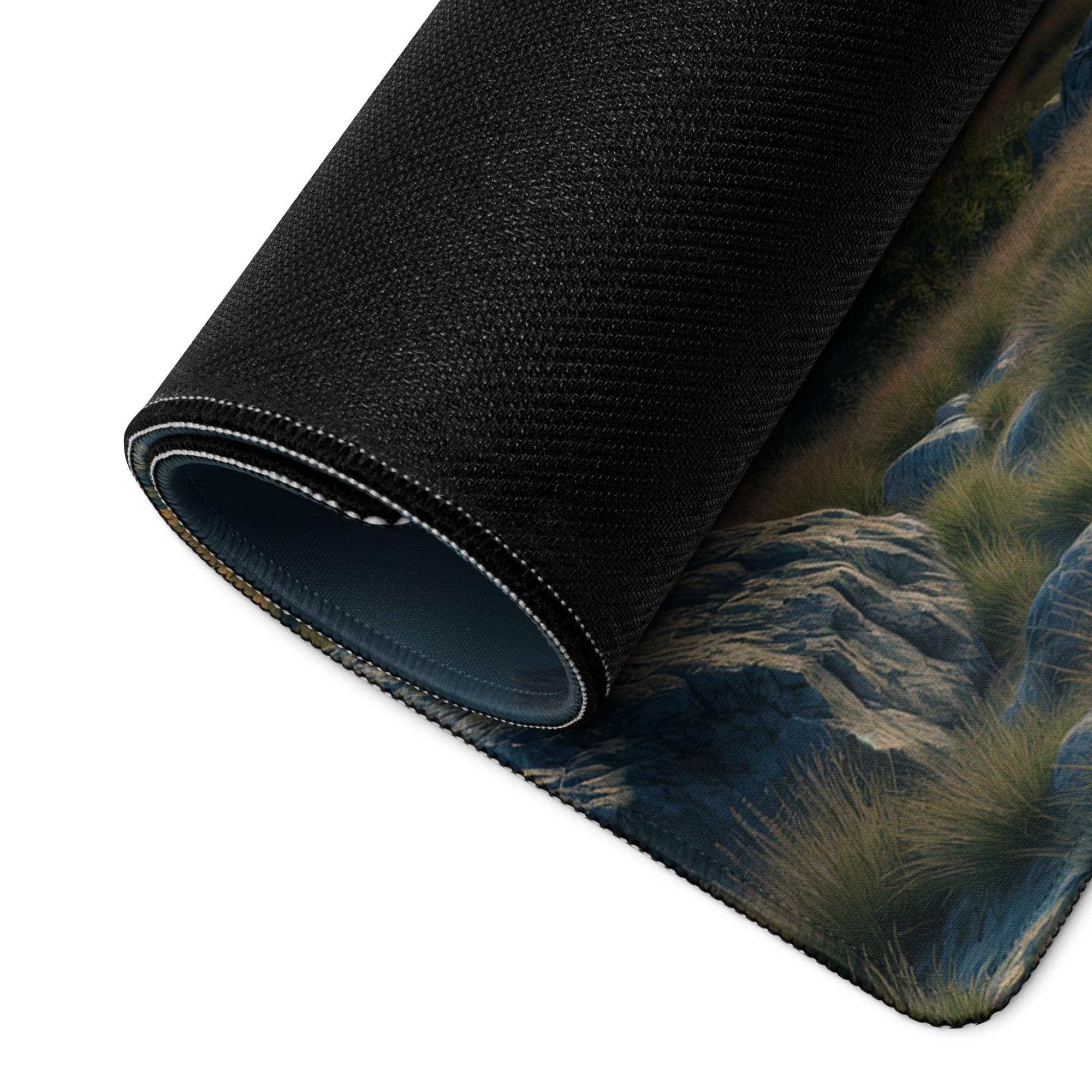 Epic sci-fi mountain landscape mousepad with rocky terrain, grass, sunset planet
