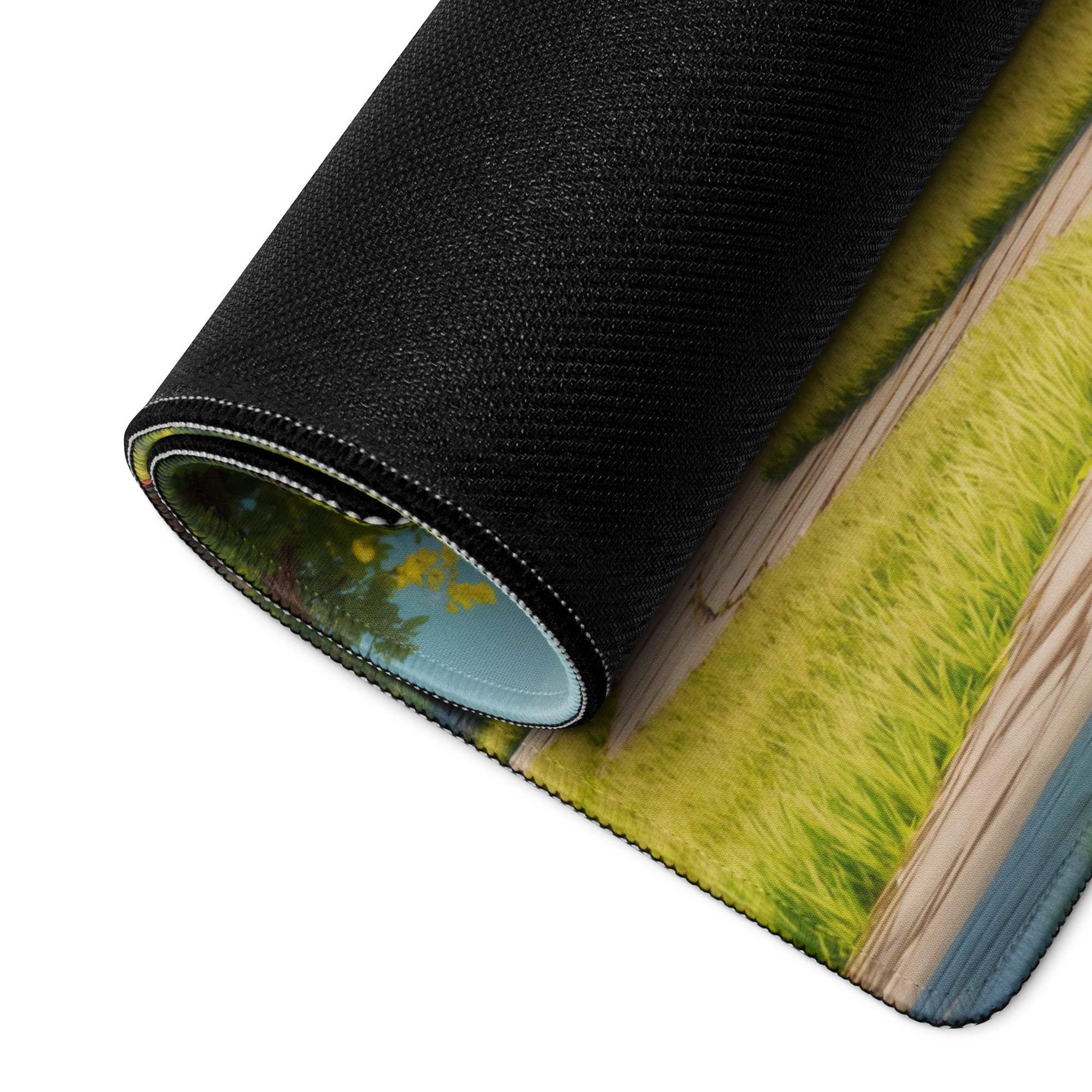 Black textured gaming mousepad with rolled edge, green grass and wood planks design