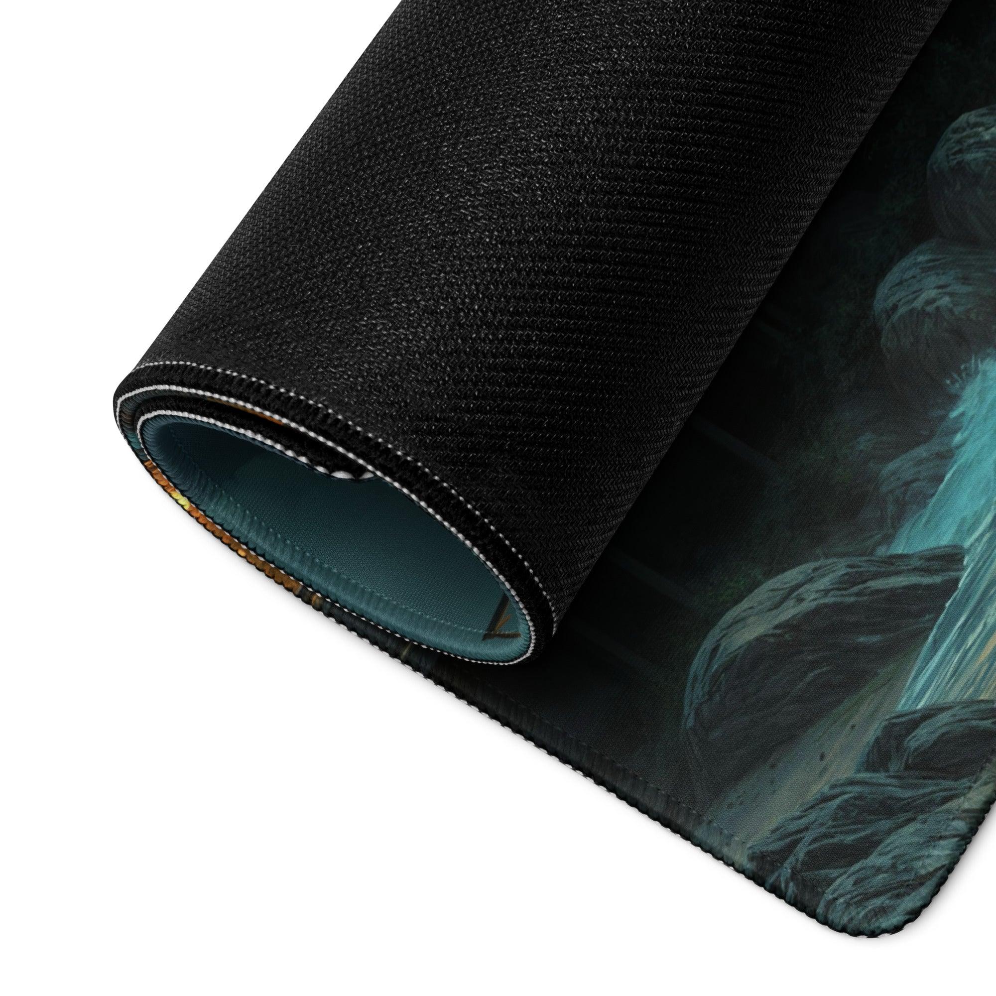 Black textured mousepad with teal green moonlit seaside house design