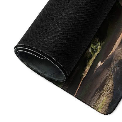 Black textured gaming mousepad with rolled edge, cinematic forest guitarist scene