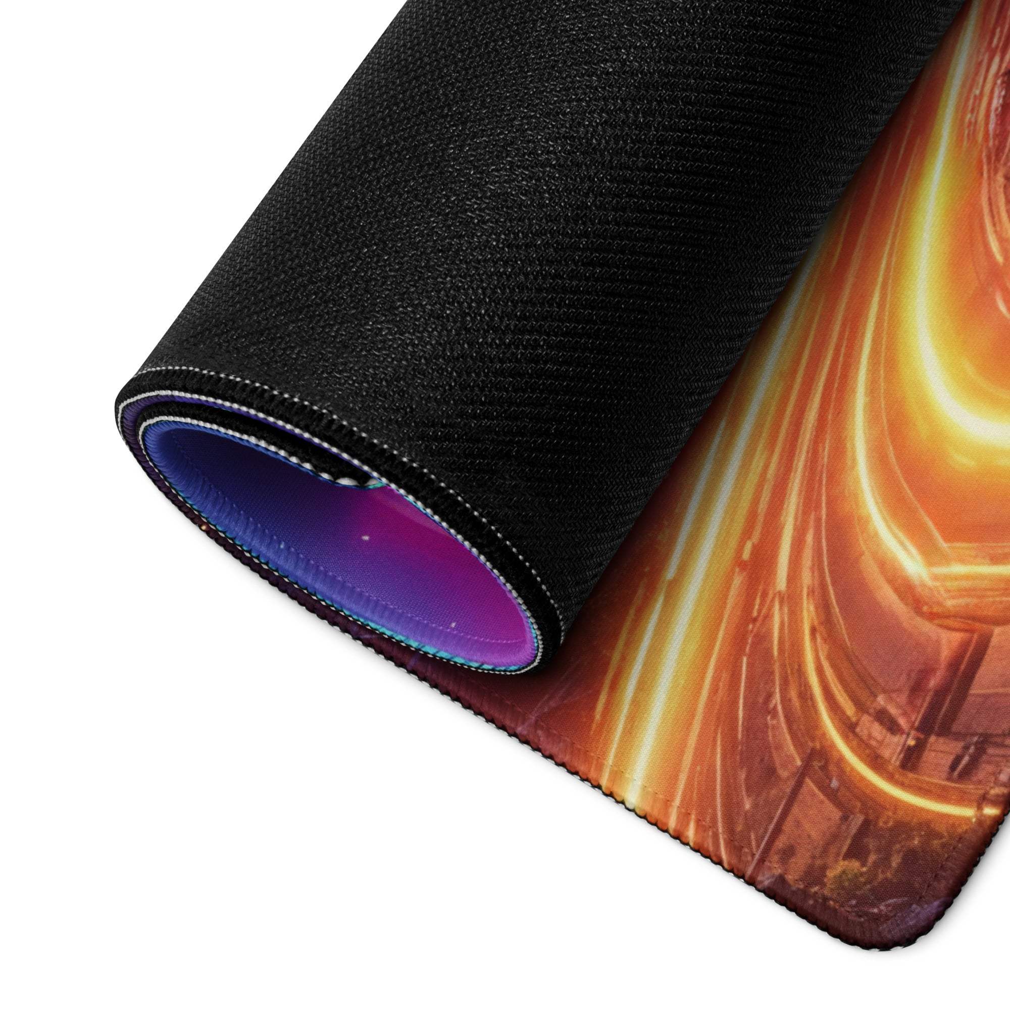 Large Cyberpunk Neon City Nightscape gaming mouse pad with cosmic orange yellow design