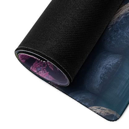 Black textured gaming mousepad rolled edge reveals purple black floral pattern
