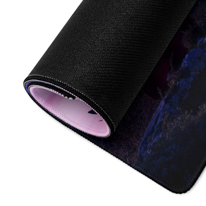 Black cosmic textured gaming mousepad with Mt Fuji torii sunset pink purple design