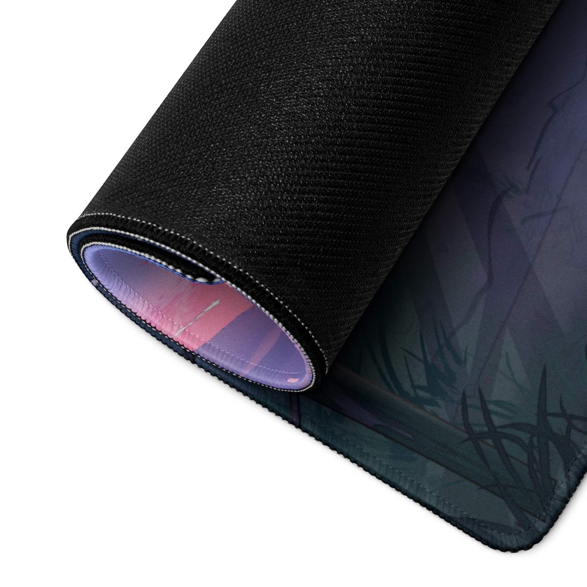 Anime style sunset purple mood large gaming mousepad with black textured surface and purple lining