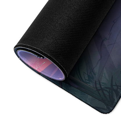 Anime style sunset purple mood large gaming mousepad with black textured surface and purple lining
