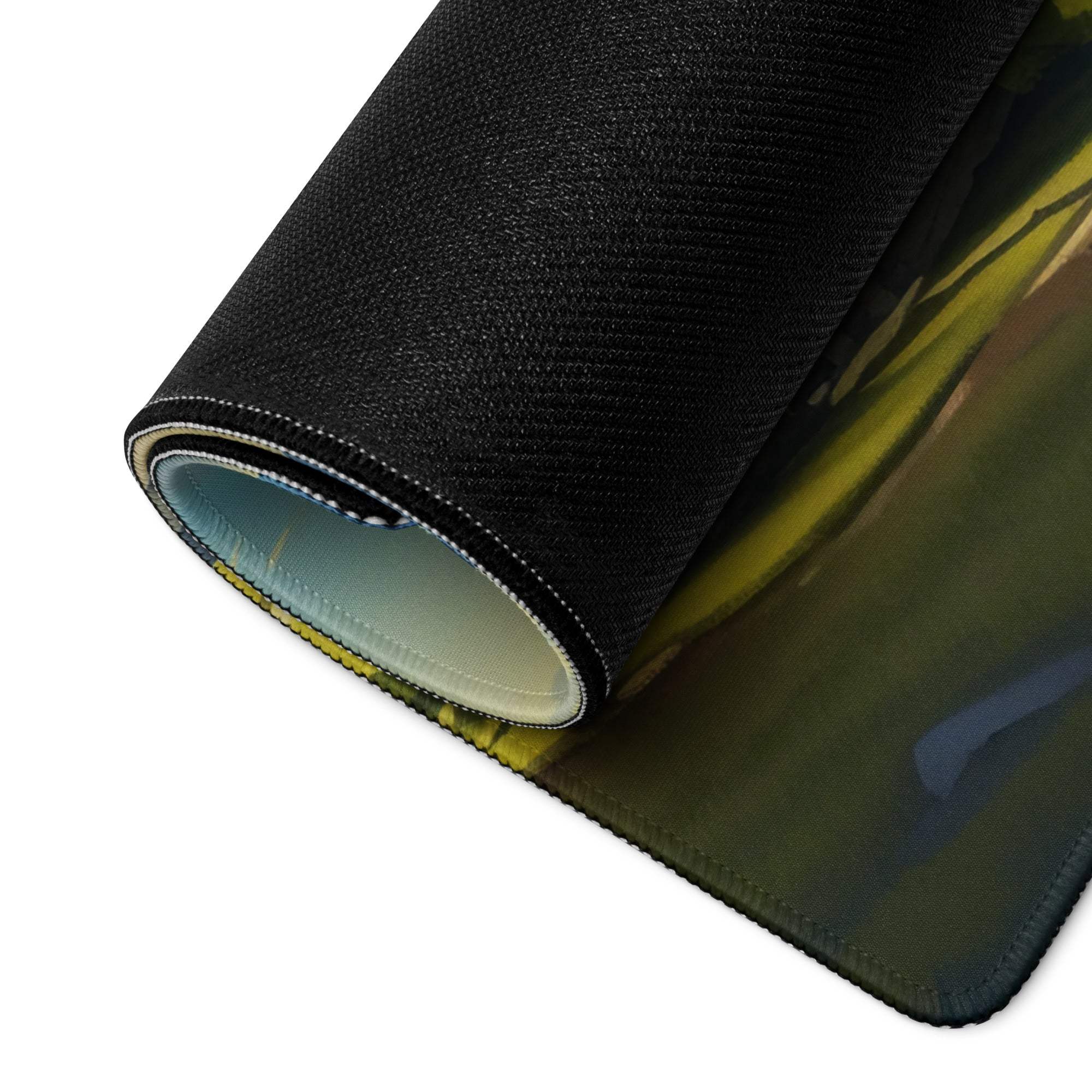 Black textured gaming mousepad with green-yellow abstract alpine design
