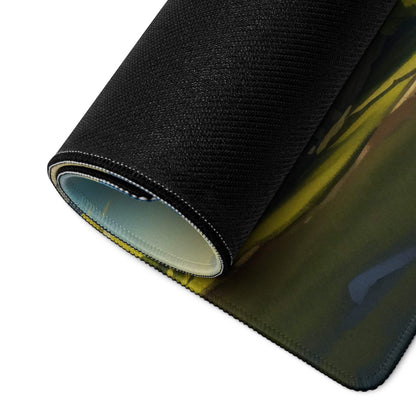 Black textured gaming mousepad with green-yellow abstract alpine design