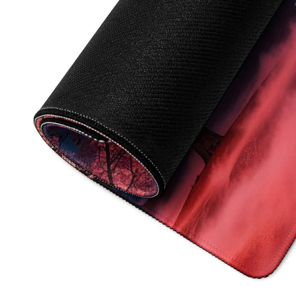 Rolled-up Vibrant Sakura Twilight gaming mouse pad revealing red purple forest design