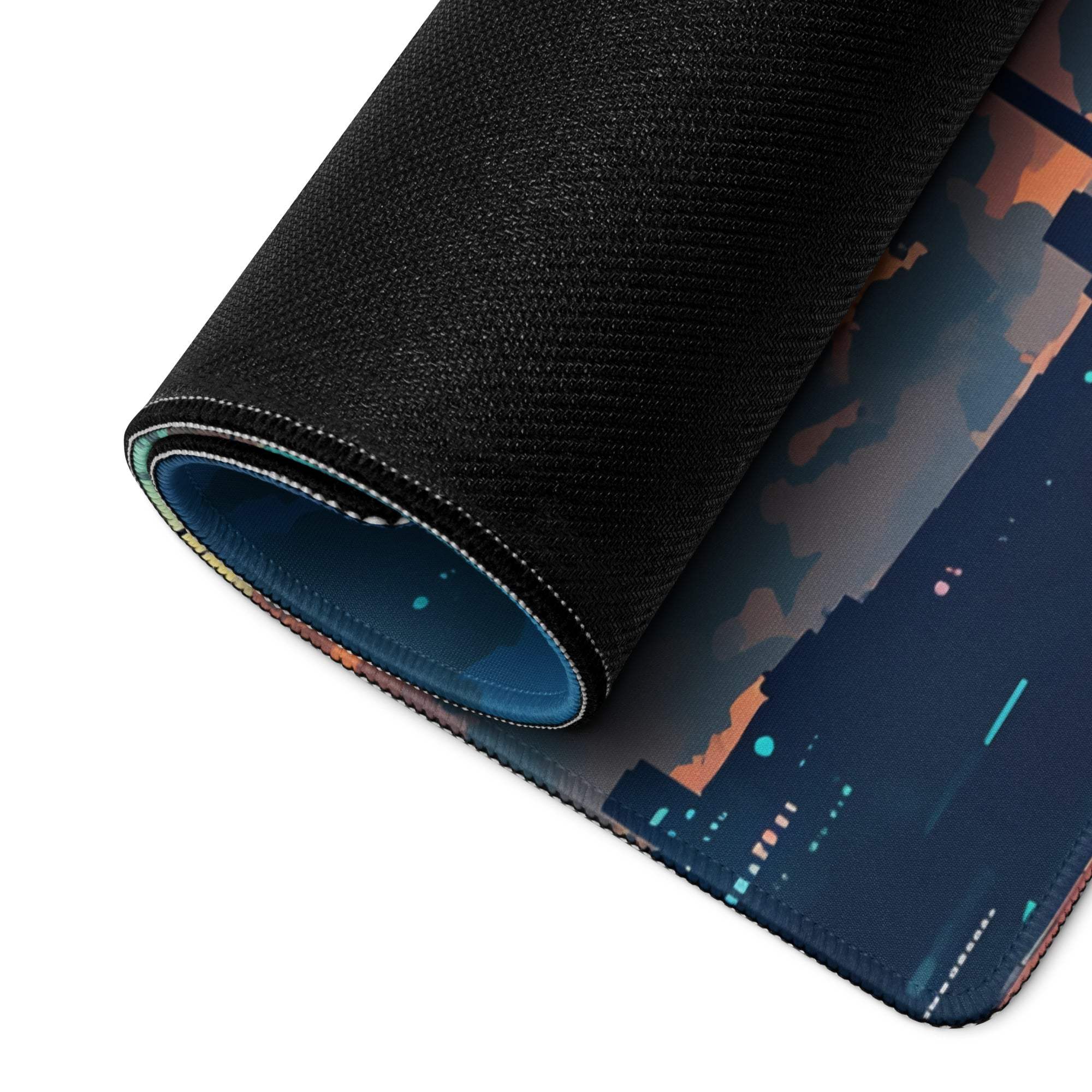 Rolled-up anime style cityscape gaming mouse pad with neon twilight design