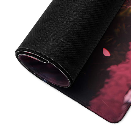 Black textured mousepad with pink purple sakura forest sword anime design