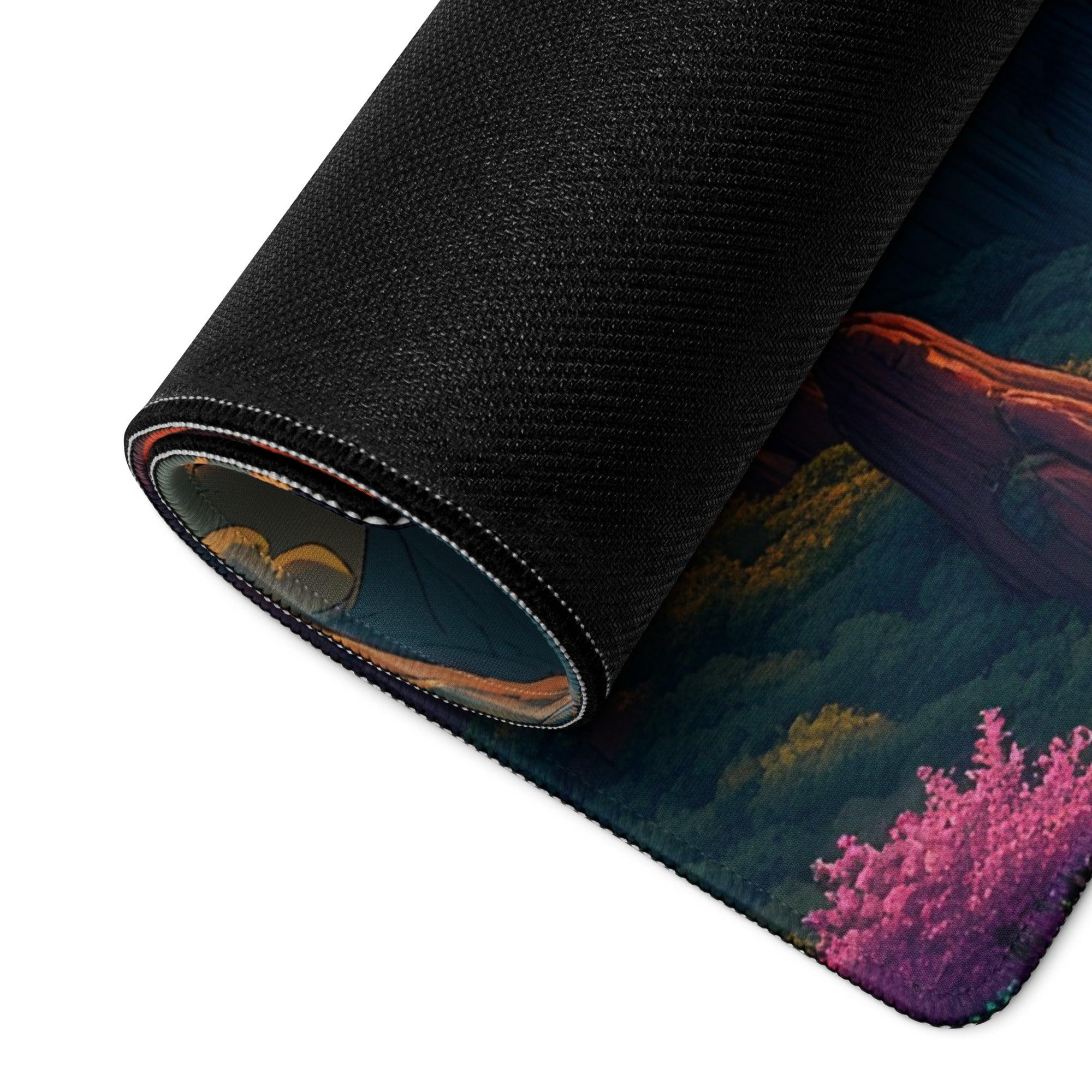Epic fantasy landscape gaming mouse pad with pink flora, black textured base, large size, edge stitching, non-slip