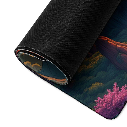 Epic fantasy landscape gaming mouse pad with pink flora, black textured base, large size, edge stitching, non-slip
