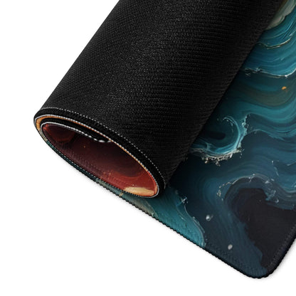 Rolled-up large gaming mouse pad with abstract swirl ocean sunset teal marbled design