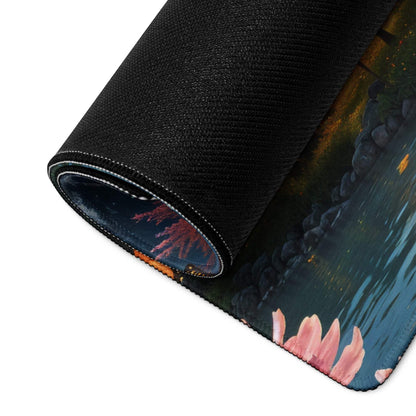 Black textured gaming mousepad with pink lotus flowers, dark water, epic fantasy landscape, edge stitching, non-slip base