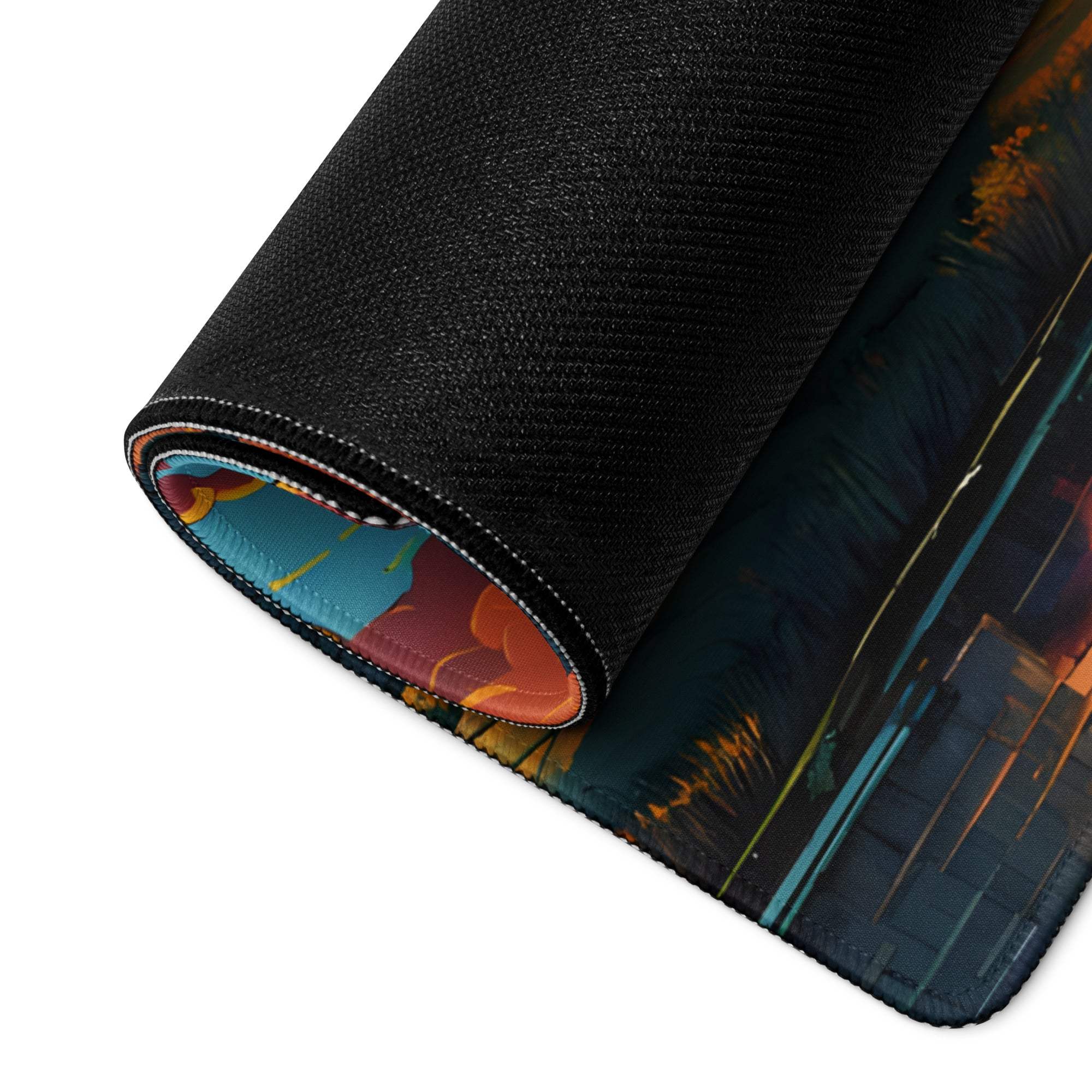 Black textured gaming mousepad with vivid sunset bridge design in teal, orange, yellow hues
