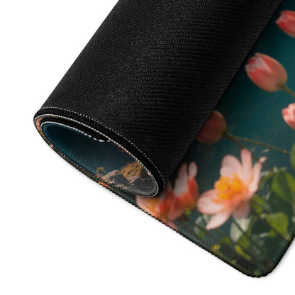 Rolled-up Serene Landscape large gaming mouse pad with pink peach floral design