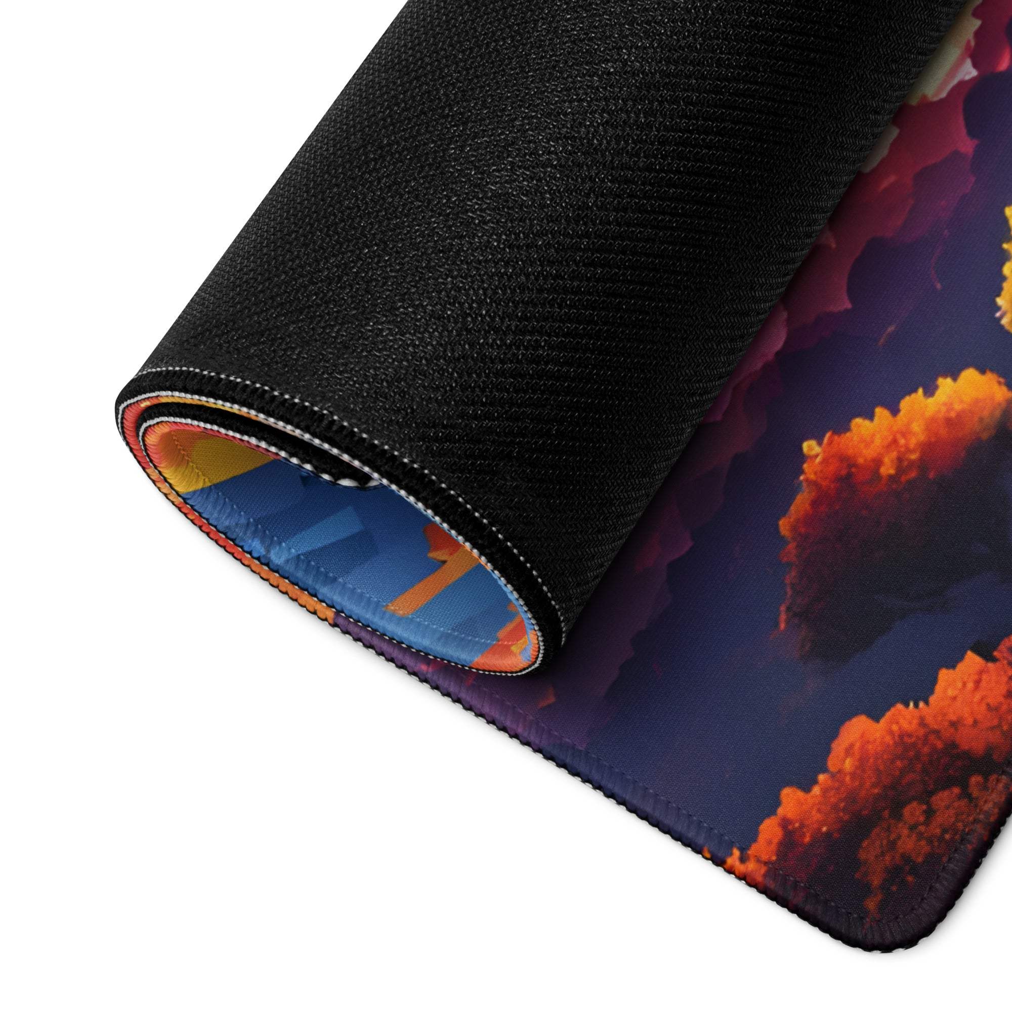 Rolled-up Dreamy Fantasy Treehouse Sunset gaming mouse pad with orange purple hues