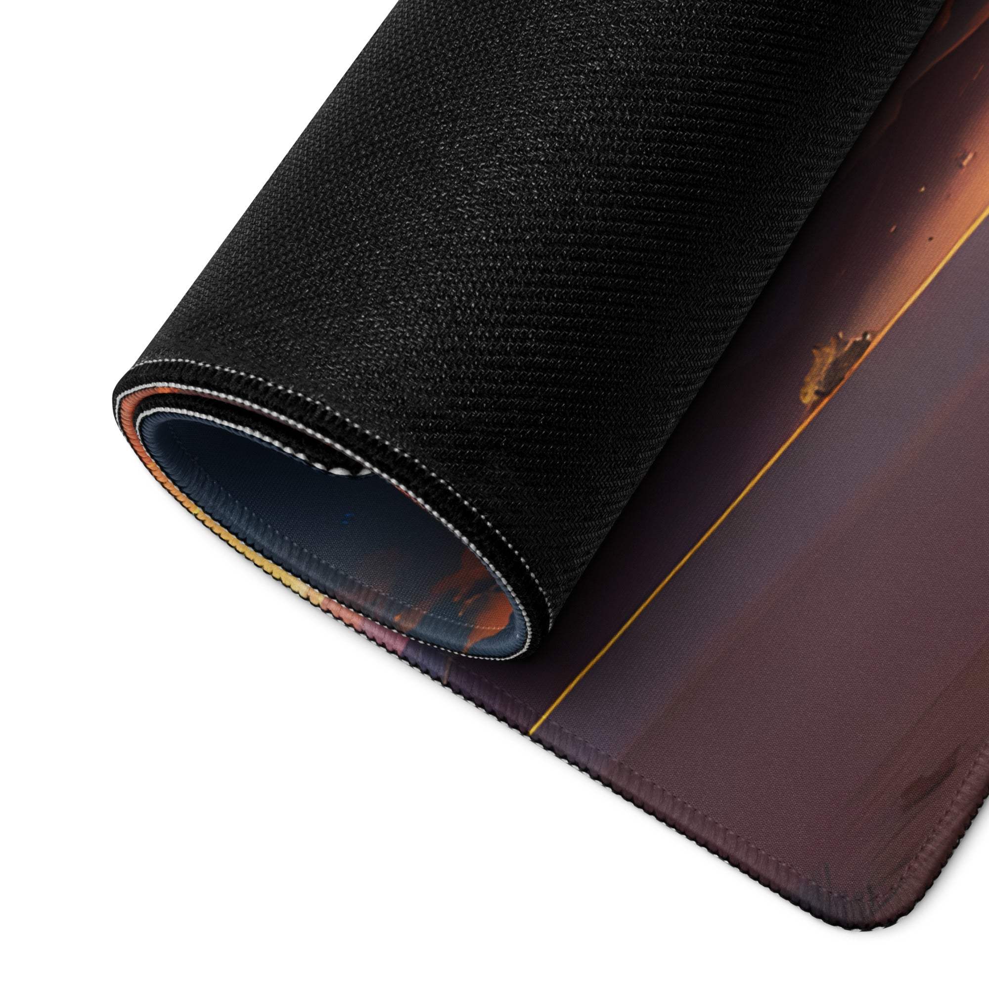 Black textured Epic Desert Landscape gaming mouse pad with orange gradient rolled edge