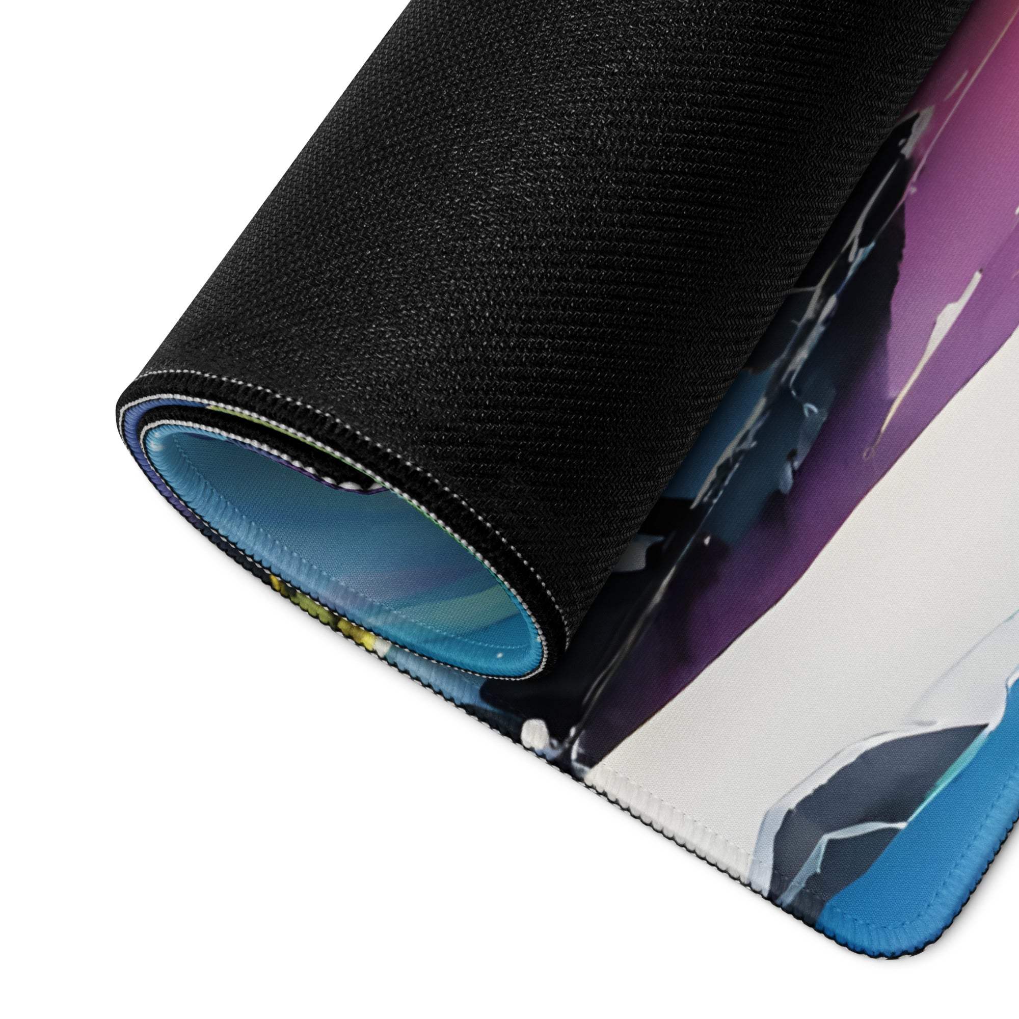 Vibrant aurora landscape black textured gaming mouse pad with purple blue white swirls