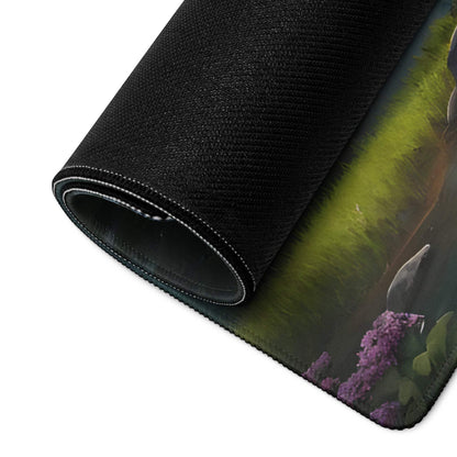 Black textured mousepad with purple lilacs, green foliage, rolled edge