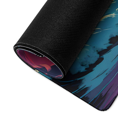 Rolled-up Epic Ocean Sunset gaming mouse pad with vibrant blue purple waves