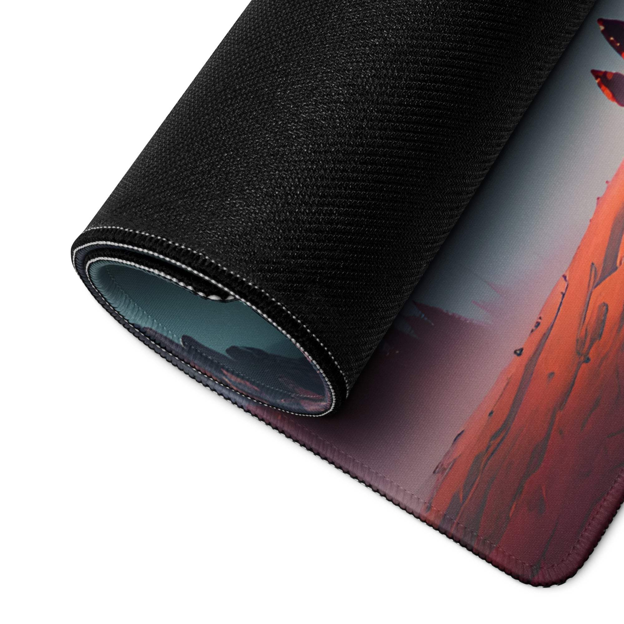 Black textured gaming mousepad with red gray mountain design and stitched edges