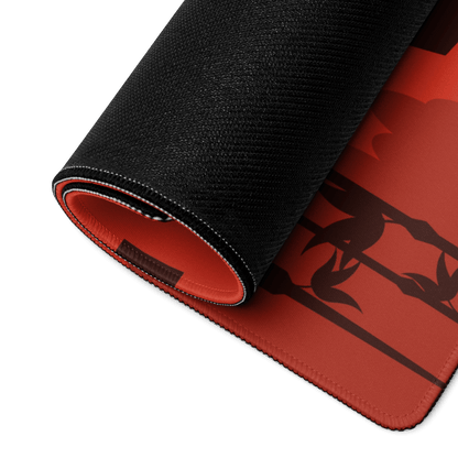 Epic Samurai Sunset large gaming mouse pad with black red bamboo design
