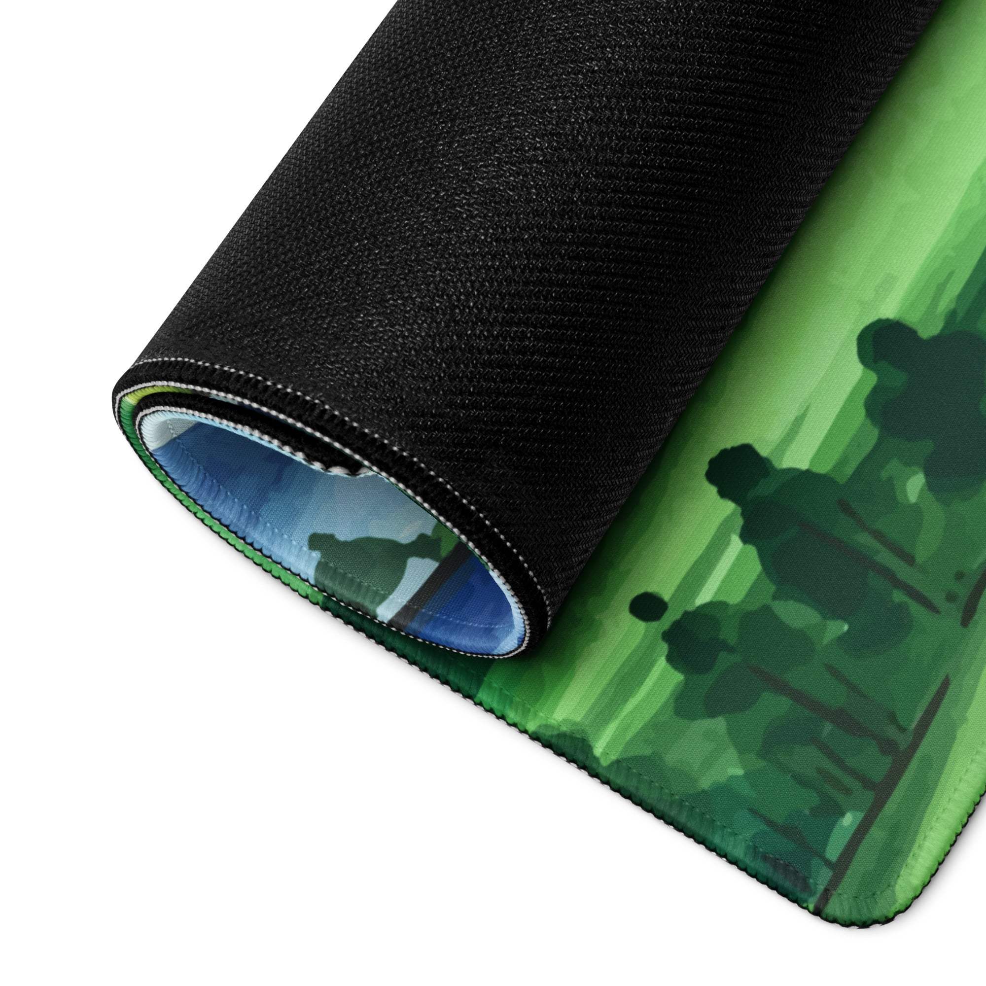 Rolled-up watercolor green black gaming mousepad with forest scene