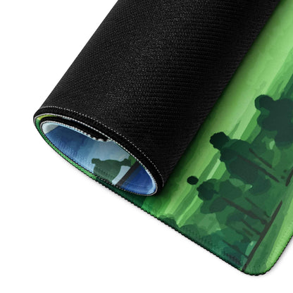 Rolled-up watercolor green black gaming mousepad with forest scene